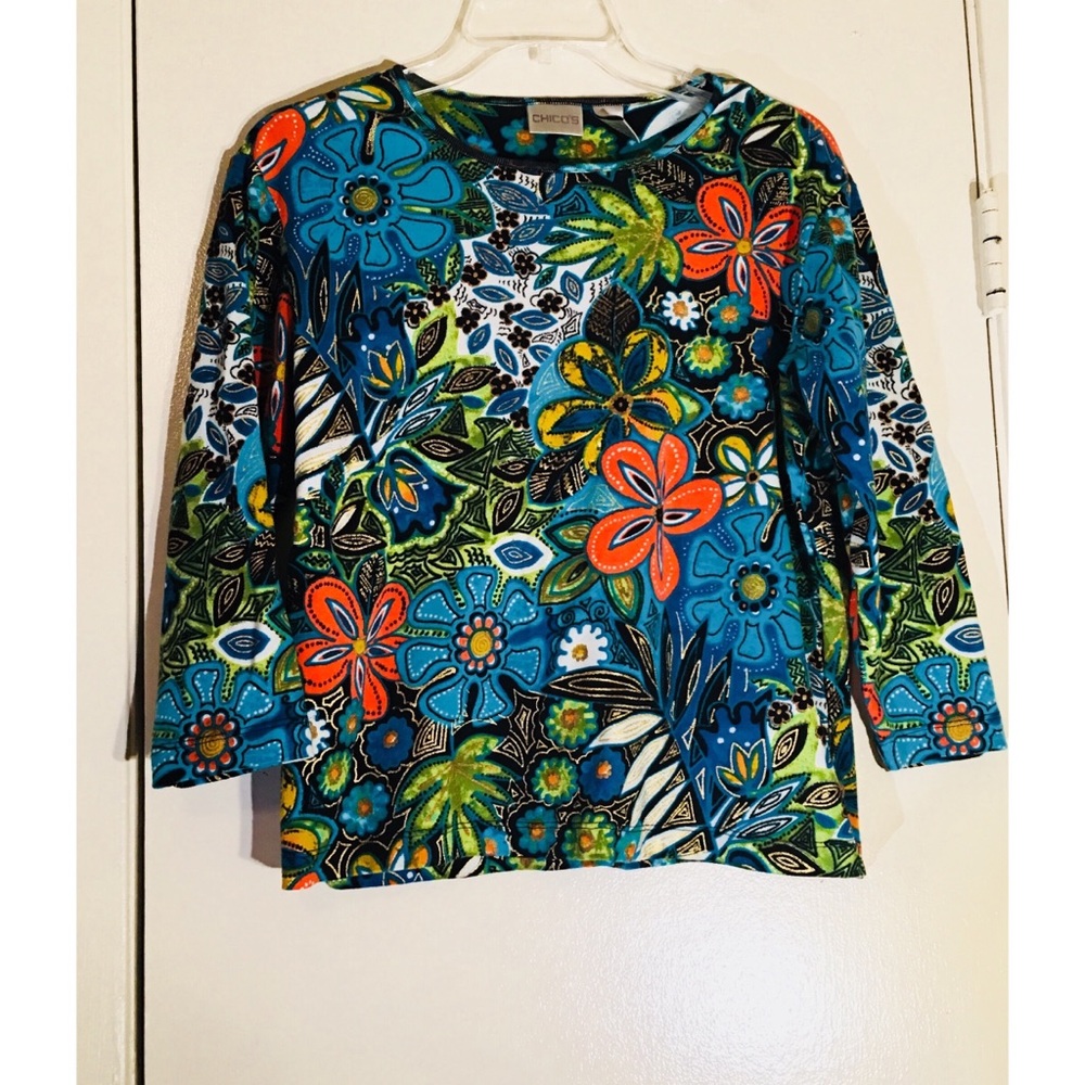 Chico’s 3/4 Sleeve Multi Color Floral Top Size 2
